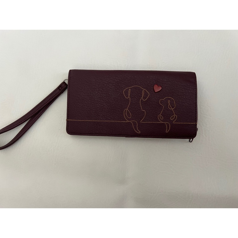 Relic Burgundy Faux Leather Dog Motif Wristlet Bifold Wallet with Heart Accent